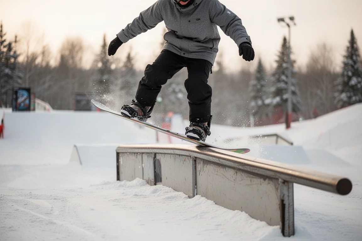 Snowboardzista wykonujący rail slide w snowparku