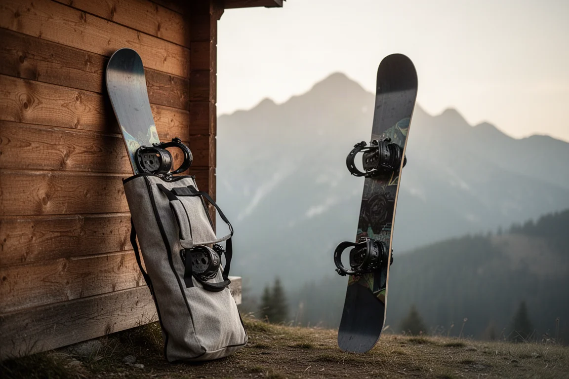 Snowboard przypięty do plecaka na tle grani górskiej