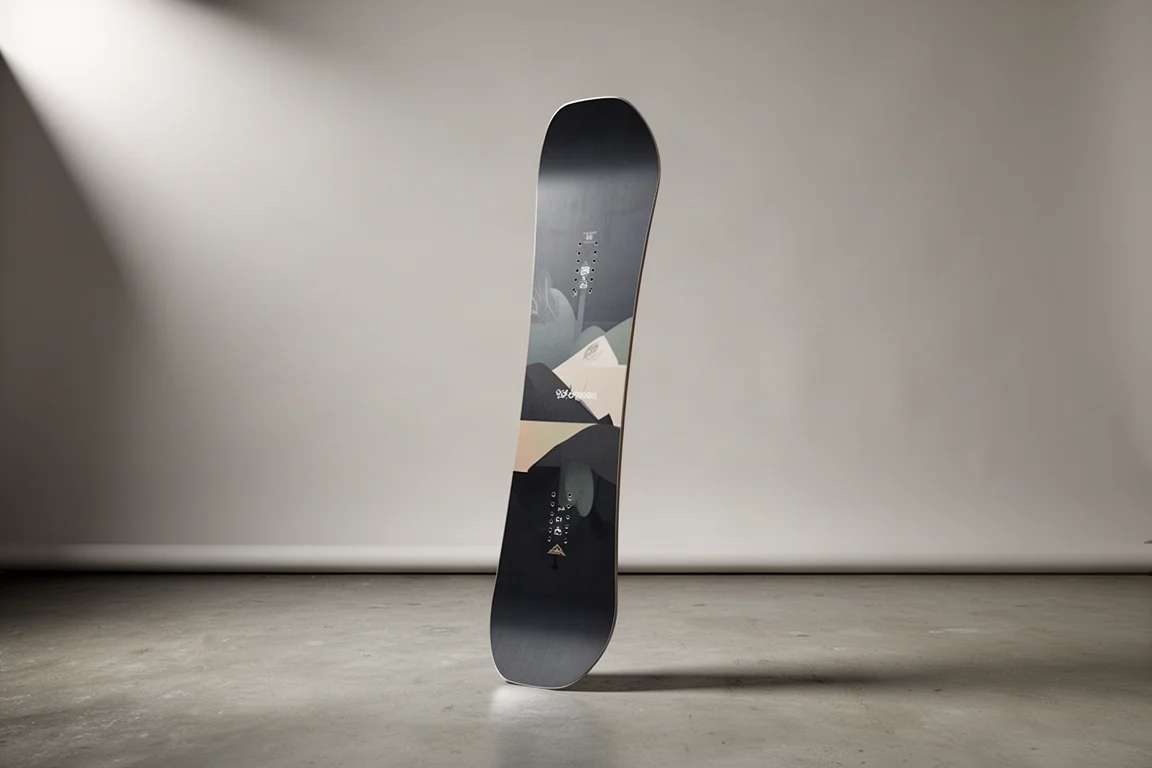 Snowboard Vimana Continental Directional stojący pionowo na neutralnym szarym tle