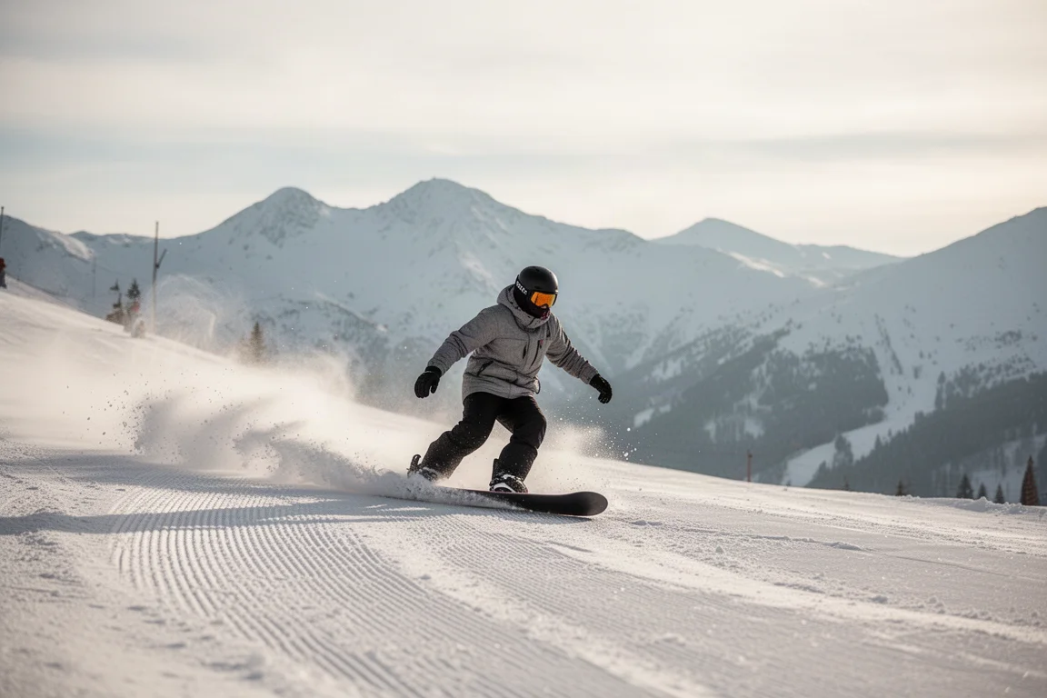Snowboardzista tnący łuk na trasie na nasłonecznym stoku górskim