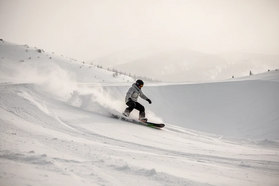 Snowboardzista jadący szybko przez otwarty sekcji kotliny na górze