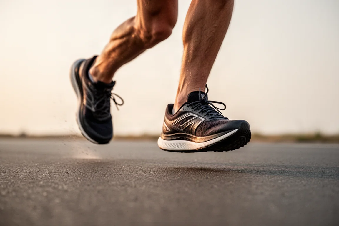 Piedi di un corridore a metà falcata sull'asfalto durante un tempo run veloce
