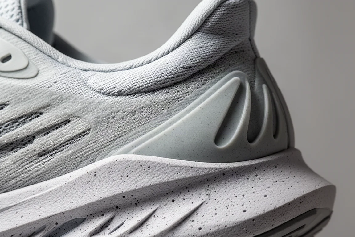 Primo piano della parete laterale dell'intersuola di una scarpa da running con gli strati di schiuma visibili