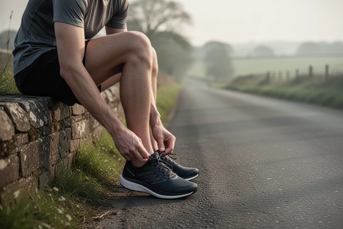 Un corridore allaccia le scarpe da running al margine di una strada tranquilla