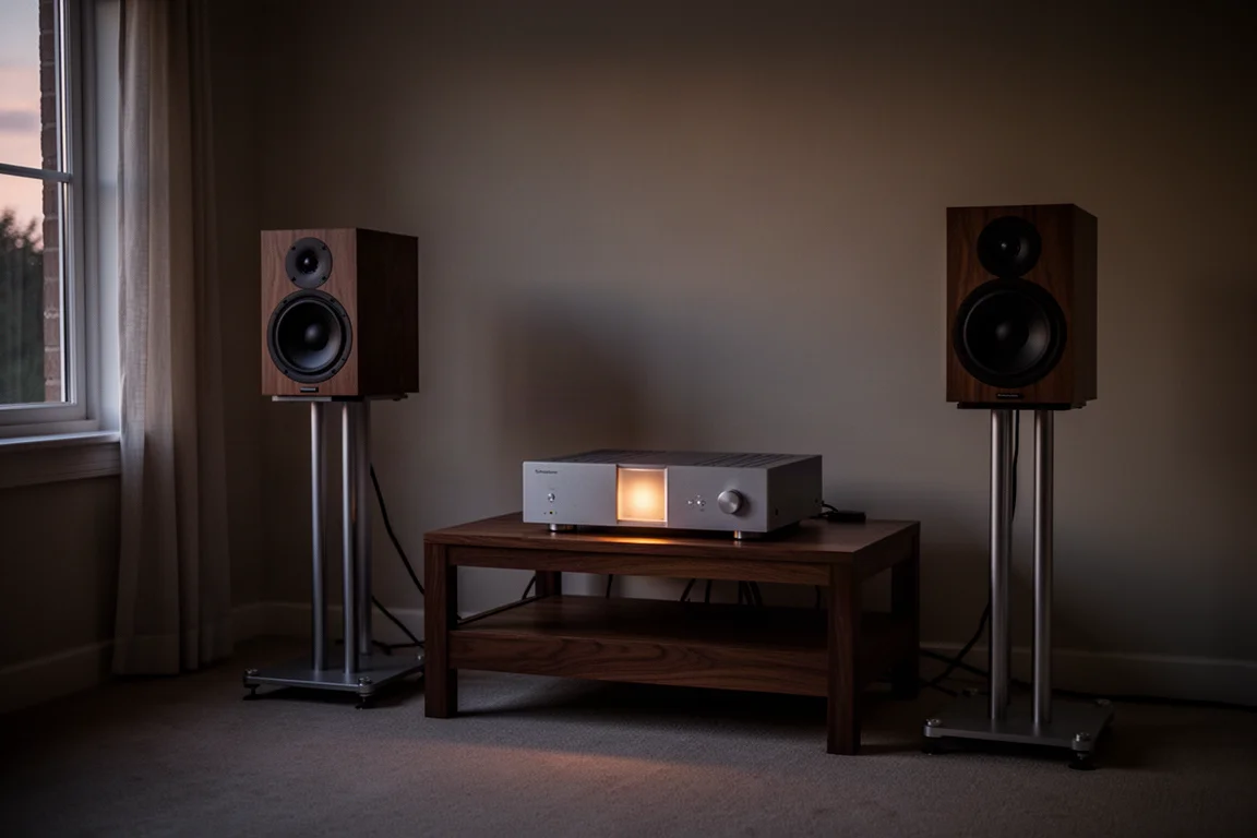 Dämmerig beleuchteter Hörraum in der Abenddämmerung mit Regallautsprechern auf Ständern und einem Verstärker auf einem Holzregal