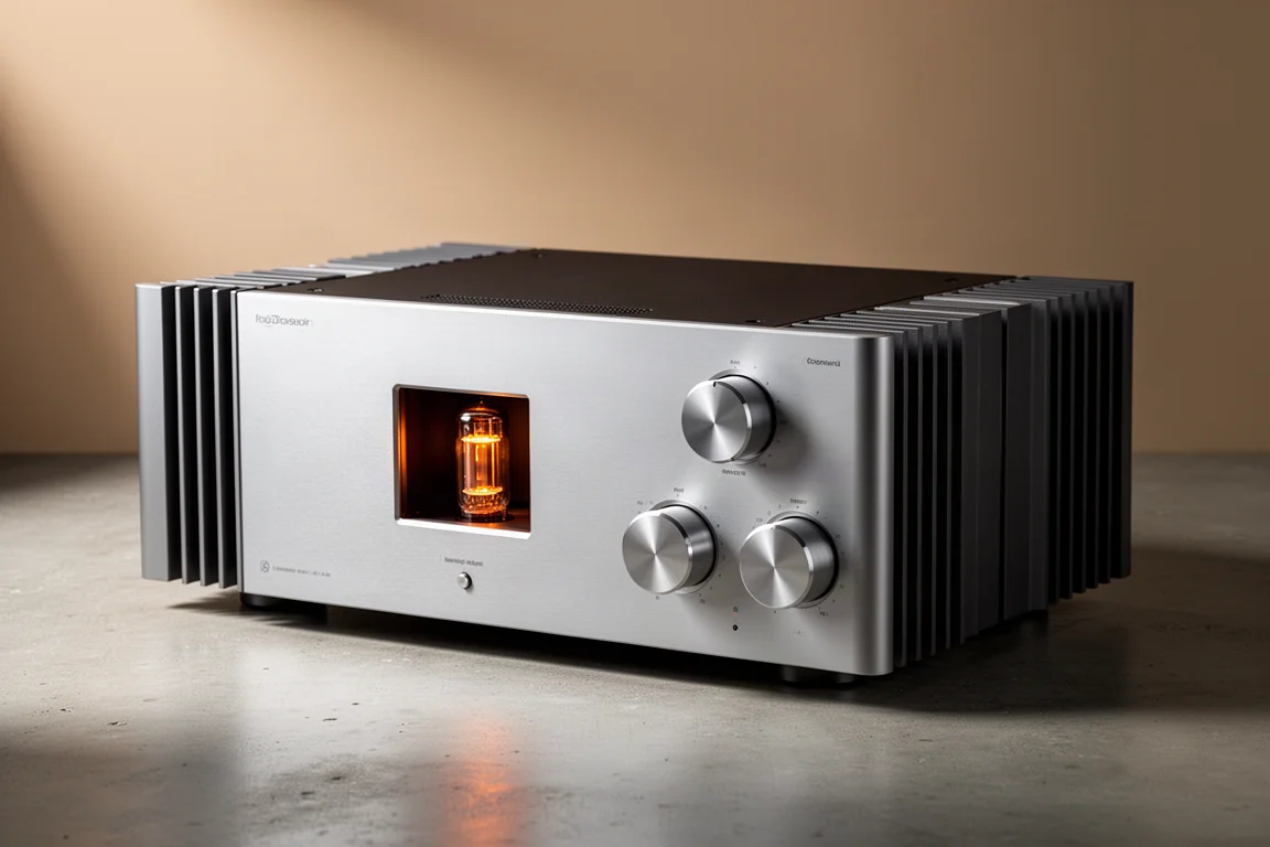 Silver hybrid integrated amplifier with glowing tube window and aluminium dials on a concrete surface