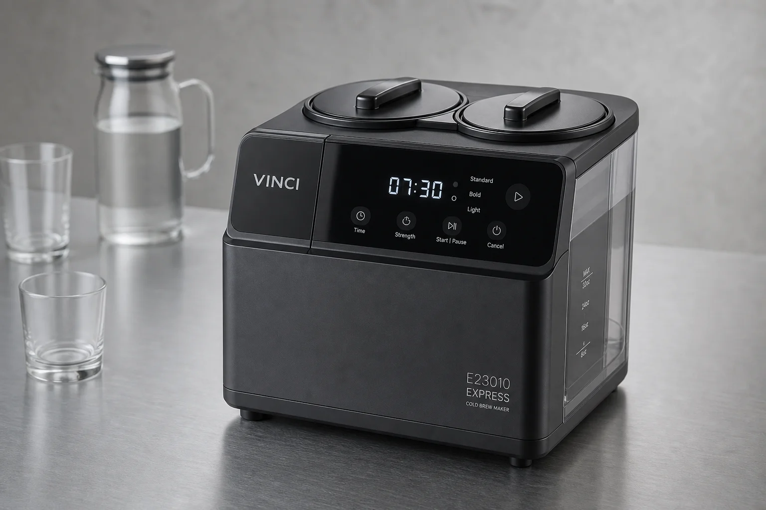 Vier Cold-Brew-Kaffeebereiter auf einer Betonoberfläche präsentiert