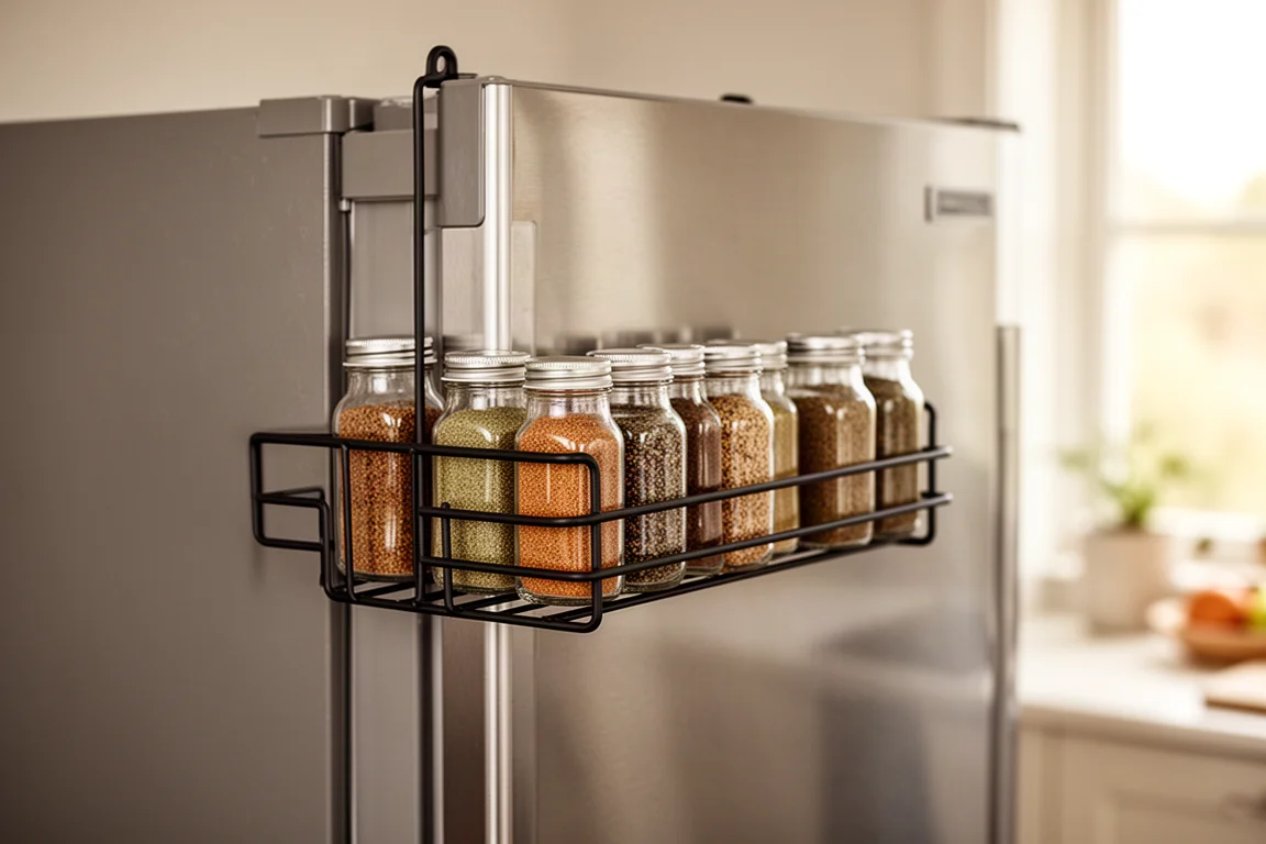 Spice jars arranged on a rack mounted to the side of a fridge door