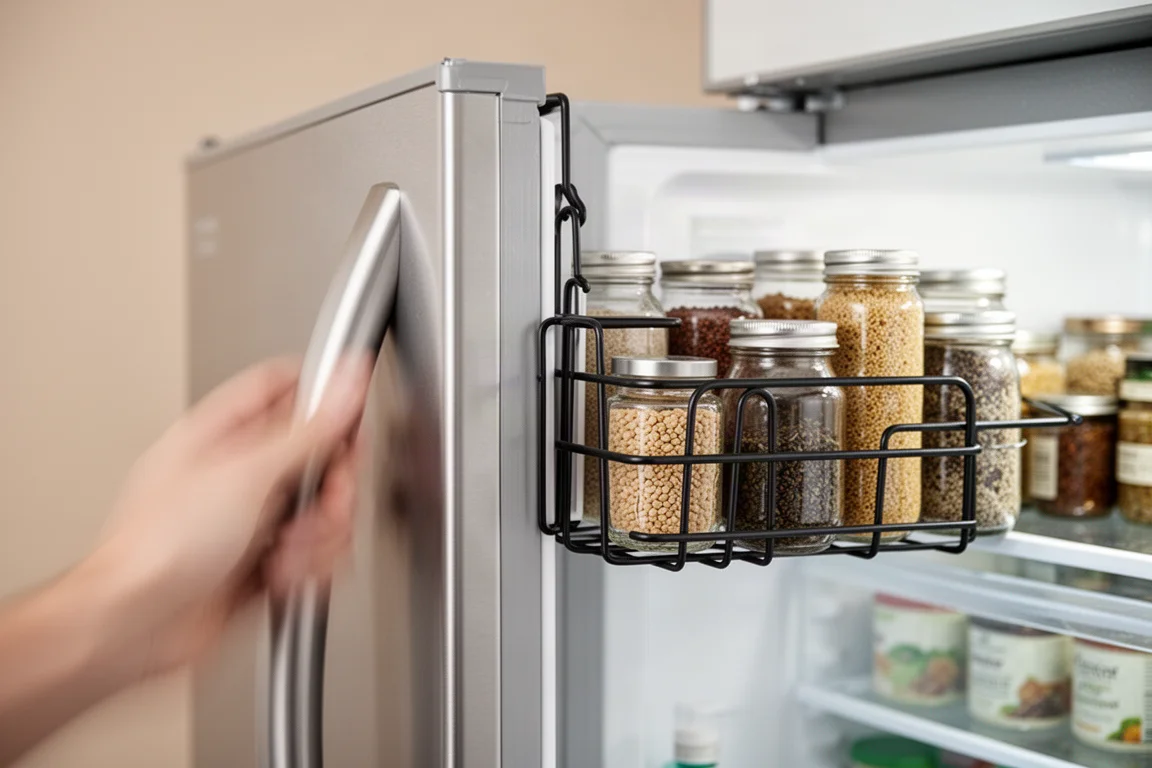 Hand pulling a fridge door closed while a loaded rack stays firmly attached