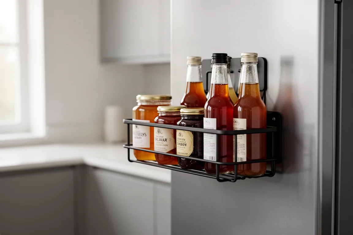 Condiments and sauce bottles lined up on a magnetic rack beside a fridge