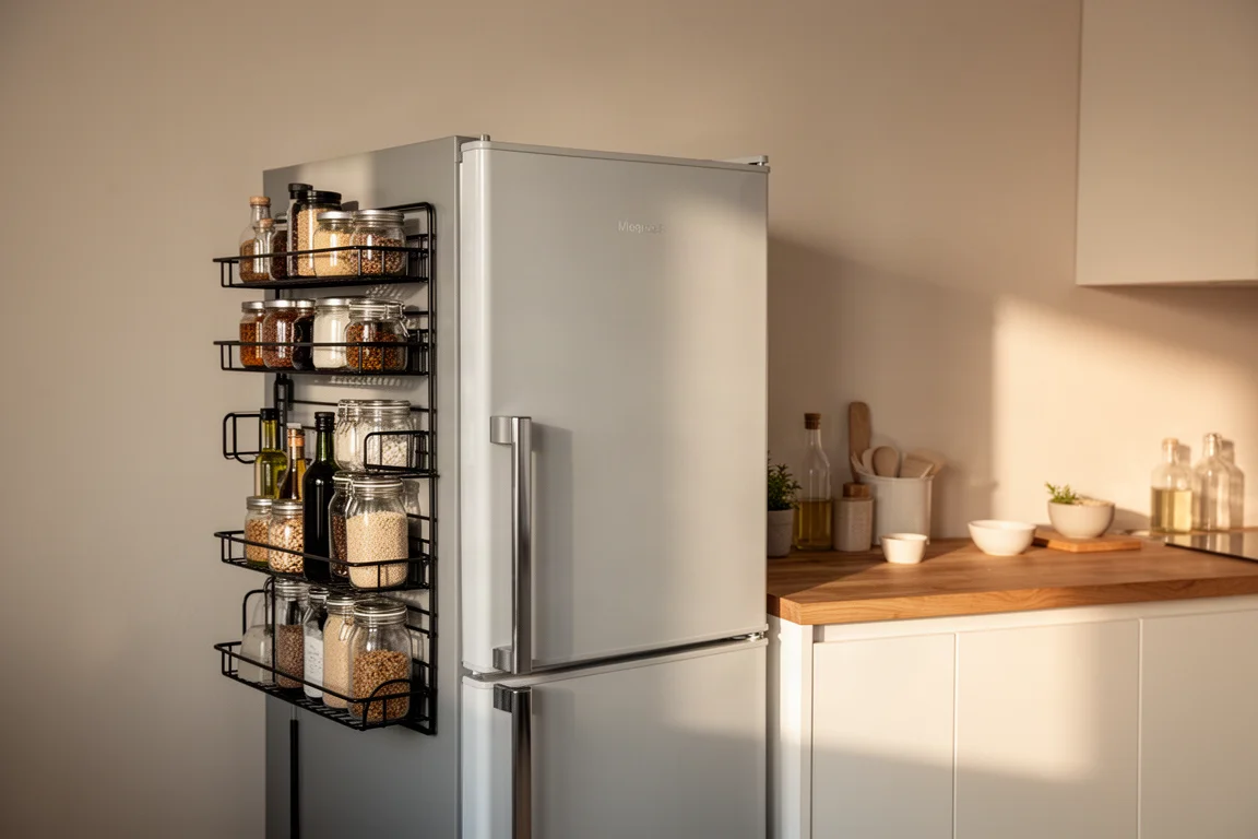 Compact kitchen counter with a slim fridge using vertical storage