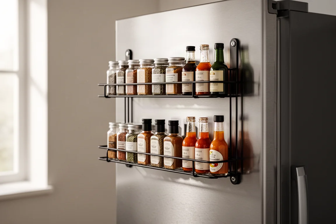 Magnetic spice racks with glass jars attached to a stainless steel fridge side