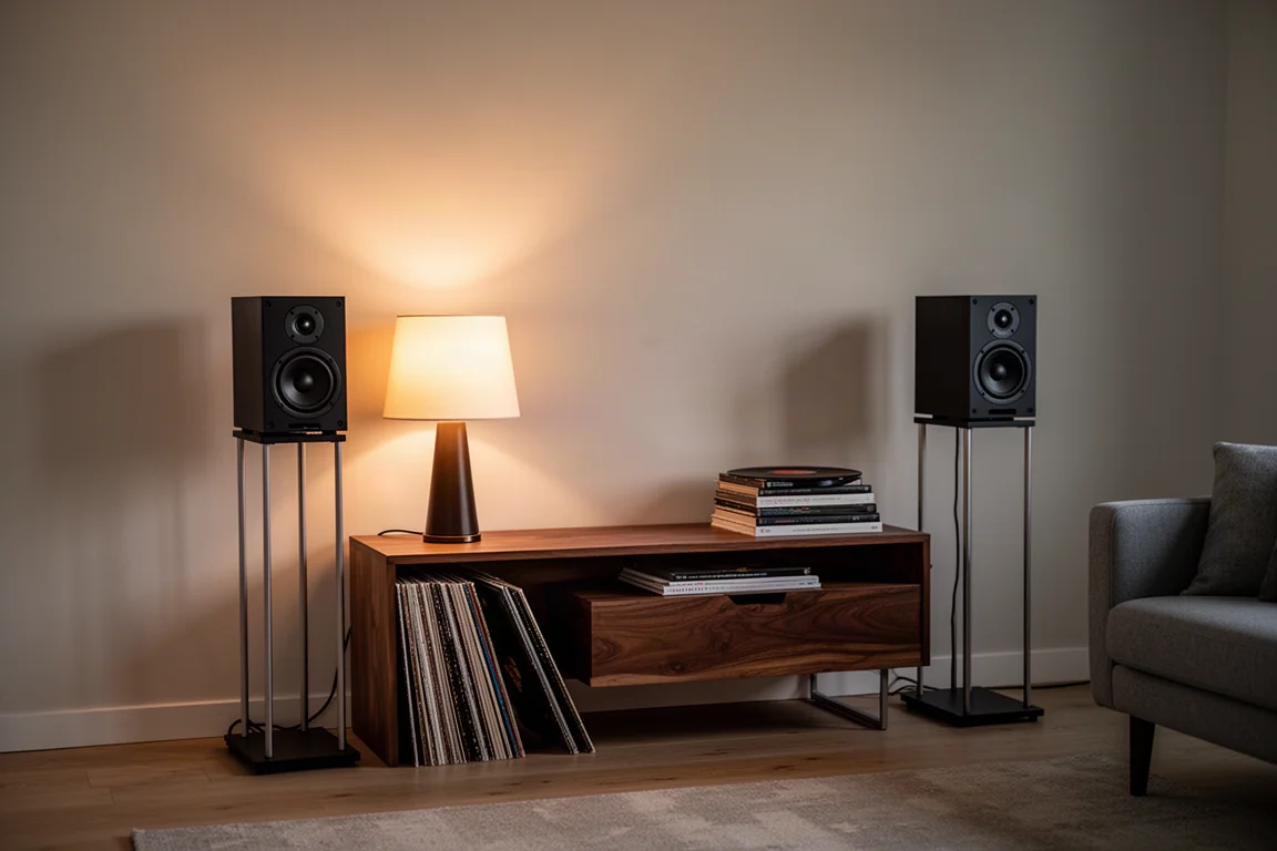 Compact black bookshelf speakers on metal stands flanking a low wooden console in a warm living room