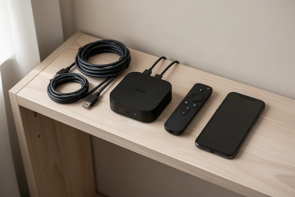 Overhead flat-lay of a small black streaming hub beside coiled speaker cables on an oak shelf