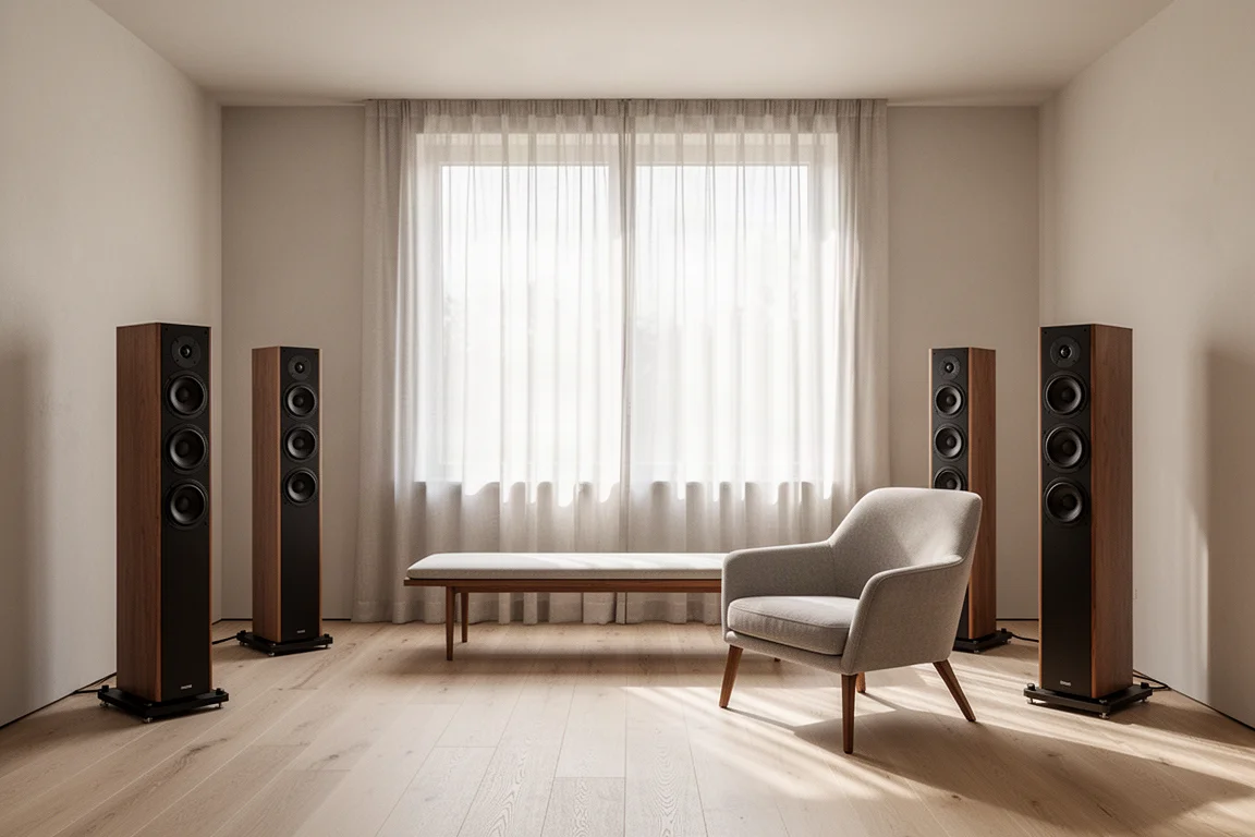 Minimalist listening room with tall slim floorstanding speakers beside a low bench and window light