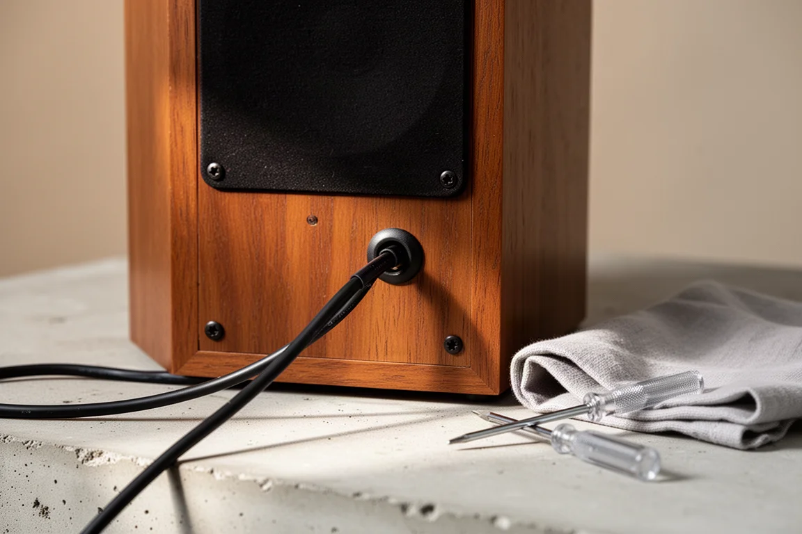 Close-up of a vintage speaker rear connector port with cable and tools on a concrete surface
