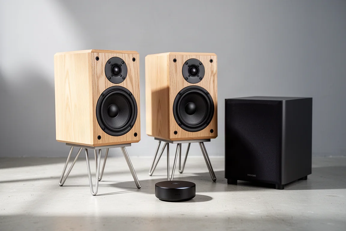 Vintage bookshelf speakers with oak grilles beside a streaming hub and subwoofer on concrete