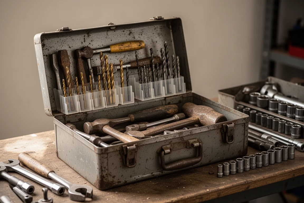 An open vintage tool box filled with well-used hand tools and drill bits