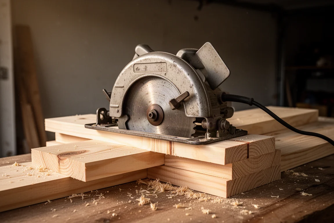 A vintage corded circular saw resting on a stack of cut lumber