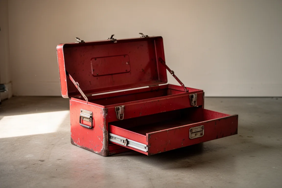 A red steel tool box with a slide-out tray on a concrete garage floor