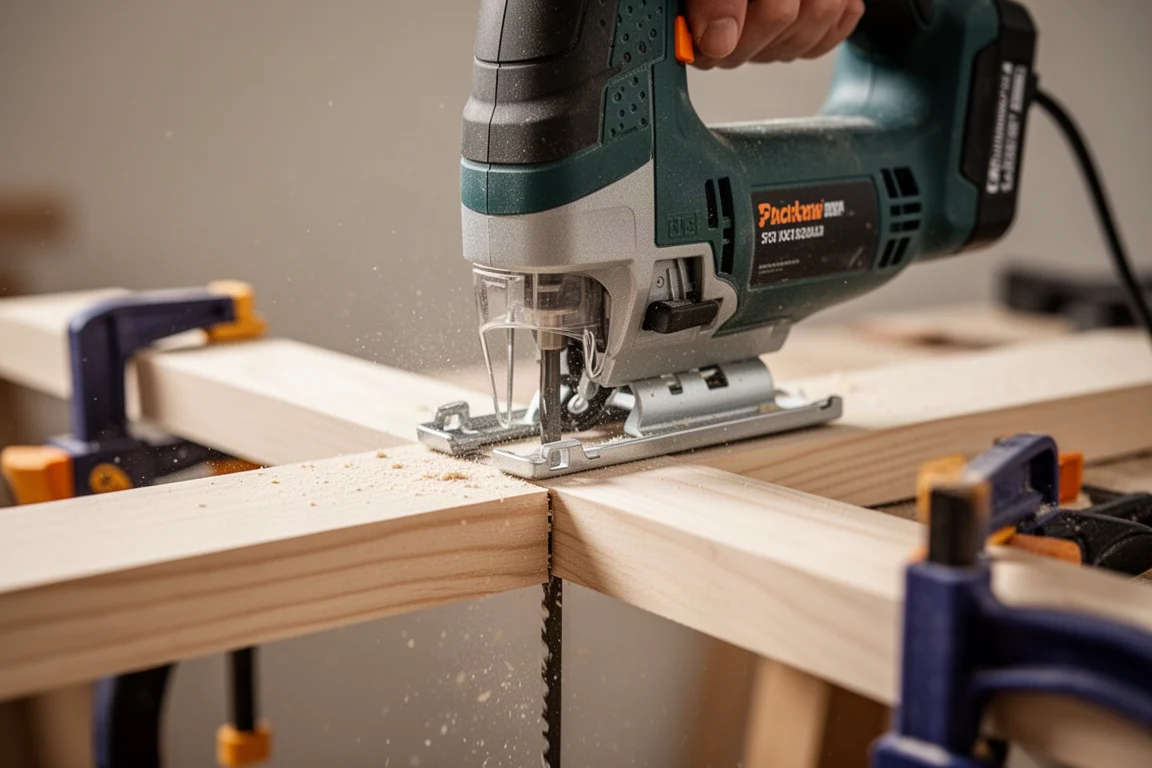 A bare-bones cordless jigsaw cutting a slow line into a wood plank