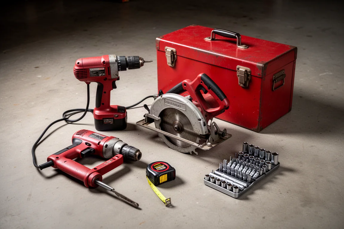 A collection of vintage red and black tools arranged on a concrete garage floor