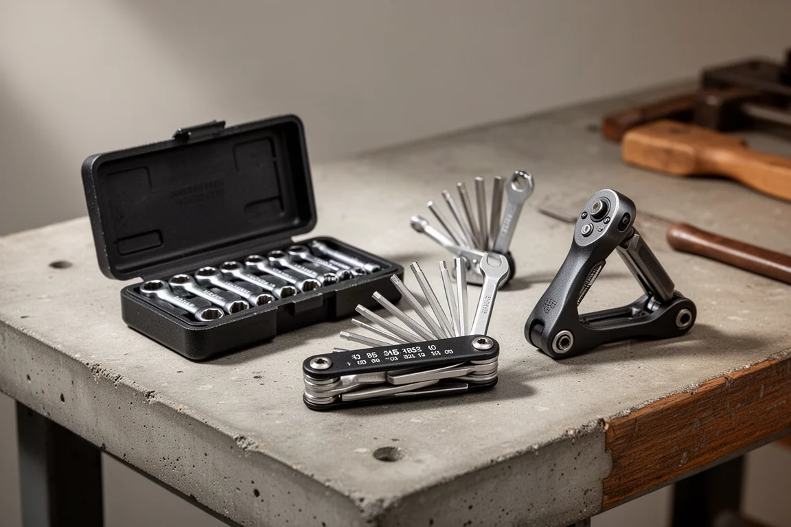 Vintage Craftsman USA hand tool sets arranged on a concrete workbench