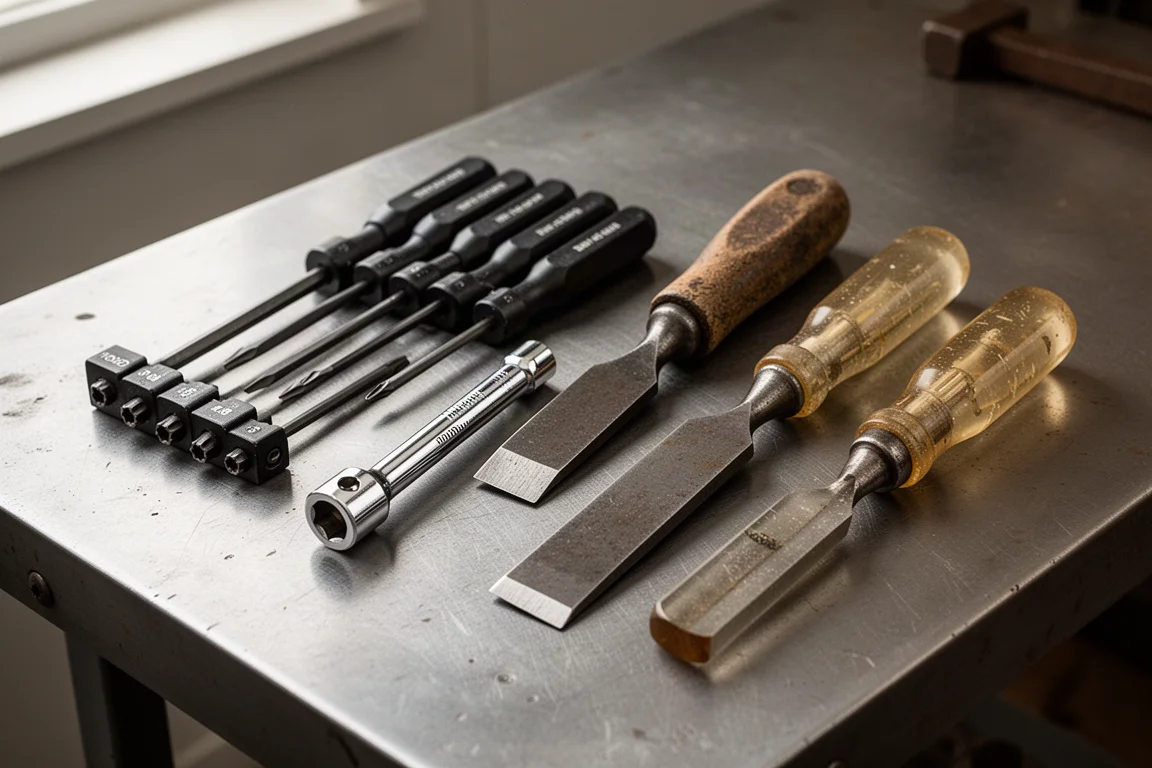 Flat-lay of vintage Craftsman hand tools on a brushed steel workbench