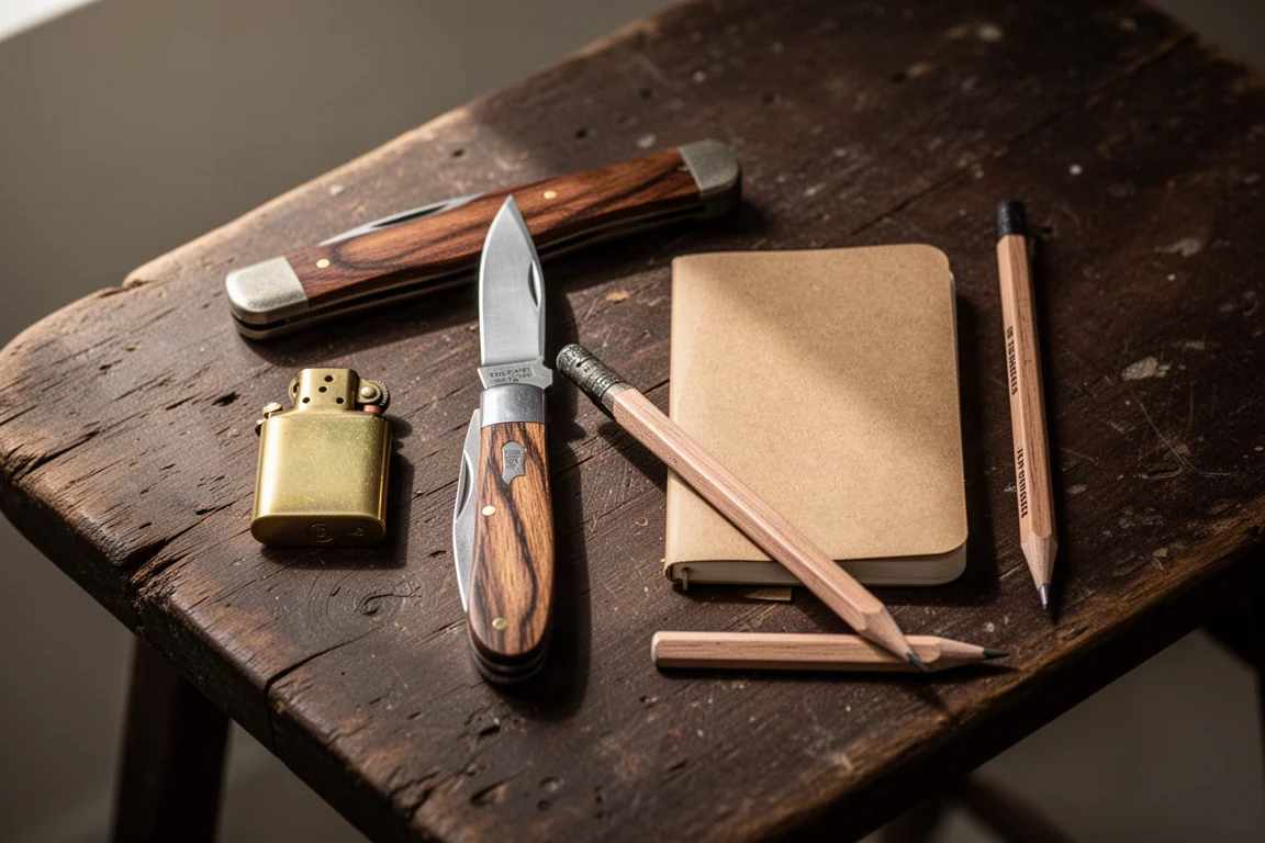 Van bovenaf gefotografeerde flat-lay van vintage zakitems op een houten tafel