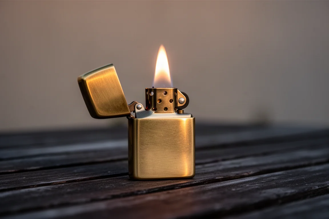Koperen aansteker die een vlam doet overslaan op een gedimde tafel buiten
