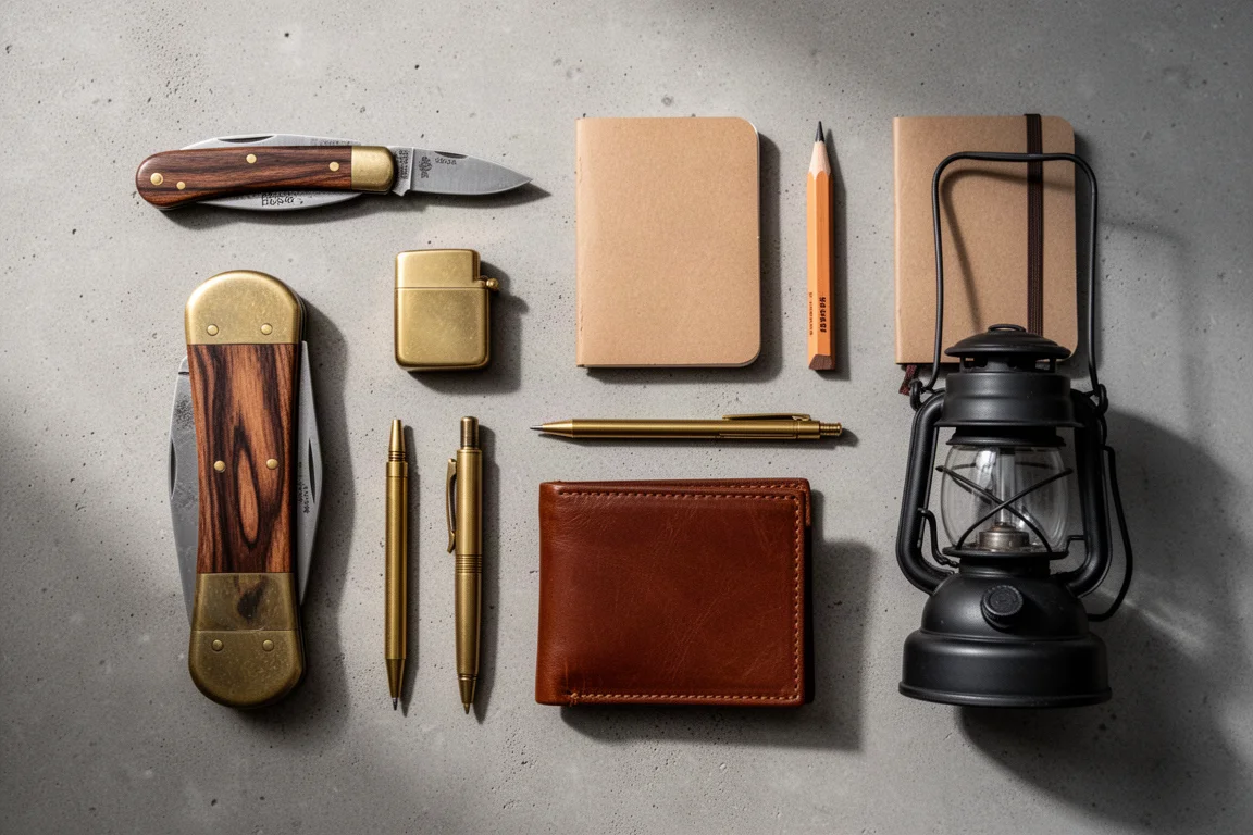 Flat-lay di oggetti everyday carry in stile vintage, tra cui coltello, accendino in ottone, taccuino, matita, portafoglio e lampada a olio