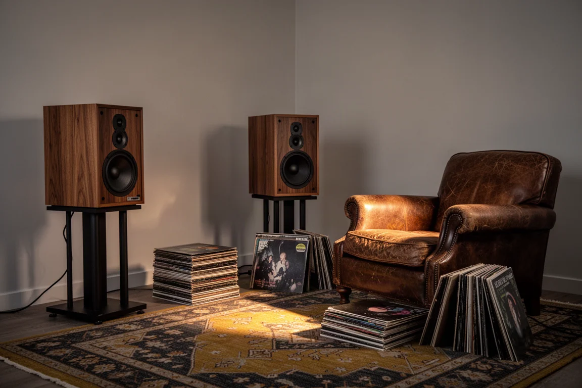 Vintage wood-veneer speakers in a warm listening room with vinyl records and an armchair