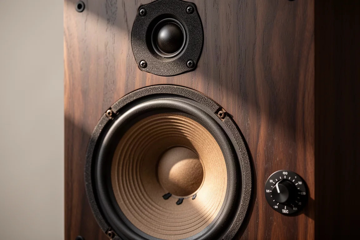 Close-up of a paper-cone woofer and dome tweeter set into a dark speaker baffle