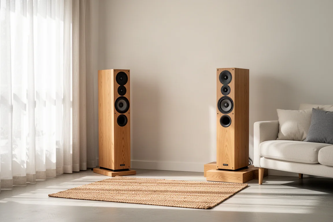 Floorstanding speakers on wooden risers in a bright living room with a woven rug