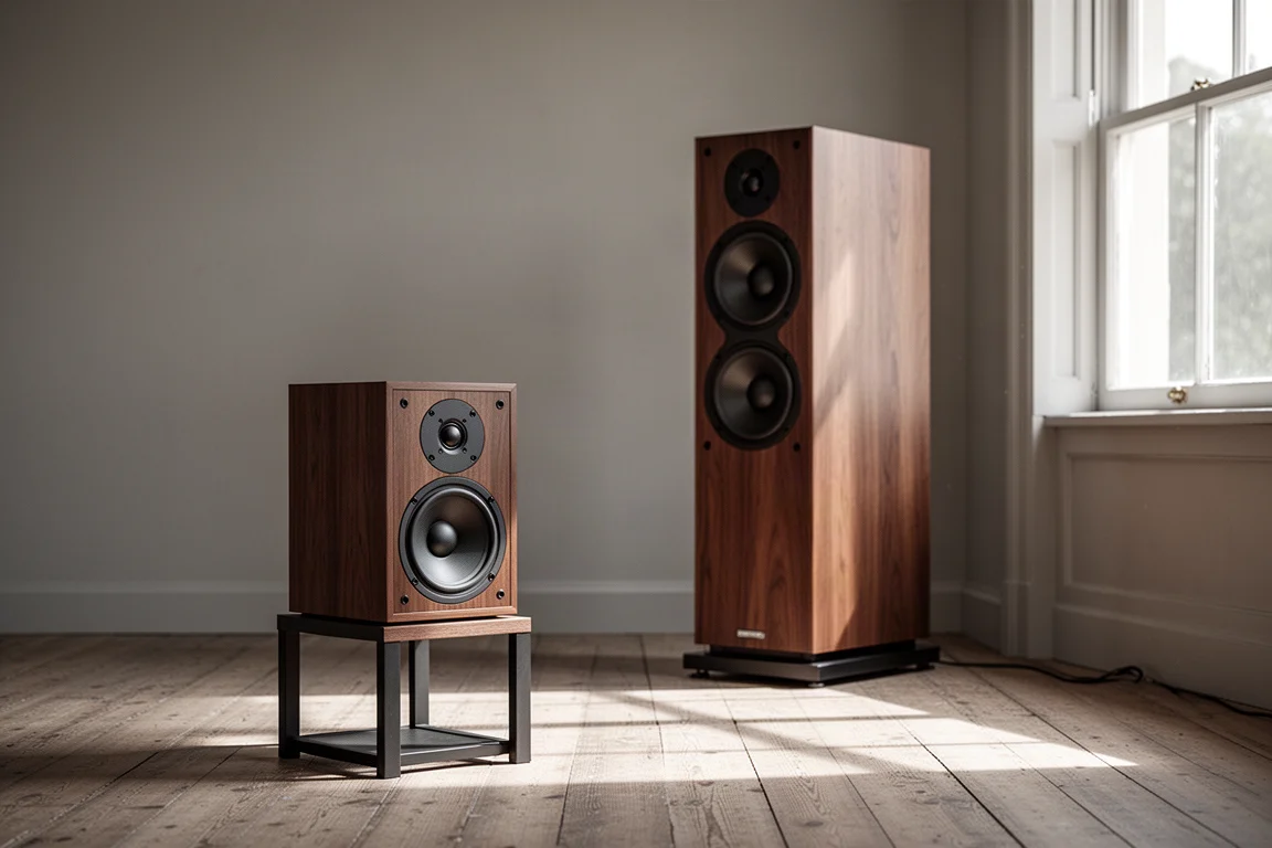 Compact speaker on a stand beside a taller floorstanding speaker in a sunlit room