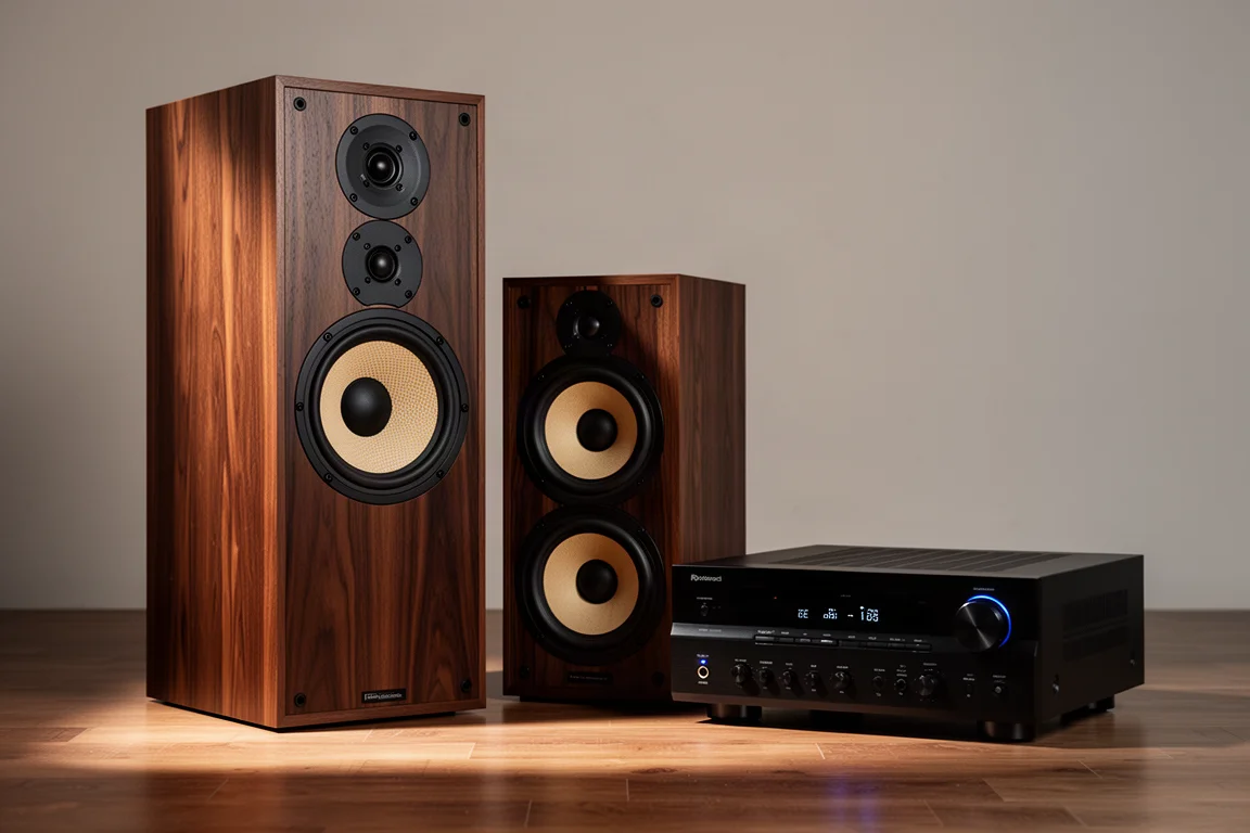 Vintage wood-grain speakers and a black AV receiver arranged on a warm wood floor