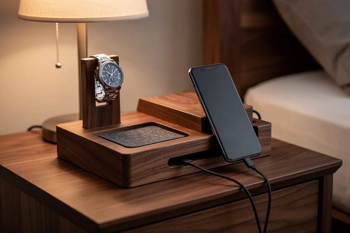 Organizer da scrivania in noce con smartphone in ricarica su un comodino, in calda luce serale