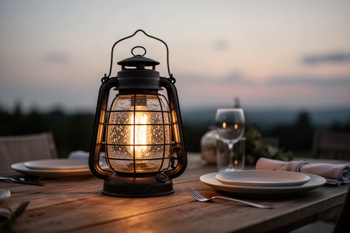 Lanterna LED retrò che emana una luce calda su un tavolo di legno durante una serata all'aperto