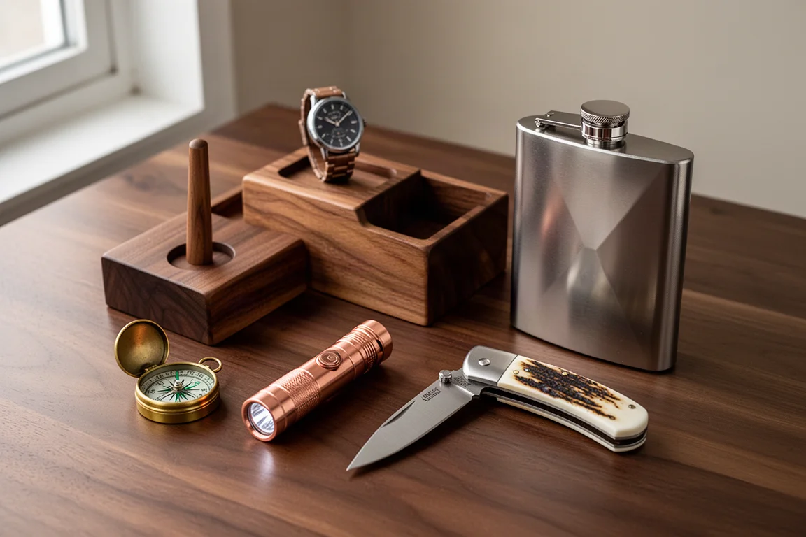 Flat-lay of vintage-inspired everyday carry items including walnut organizer, brass compass, copper flashlight, knife, and flask