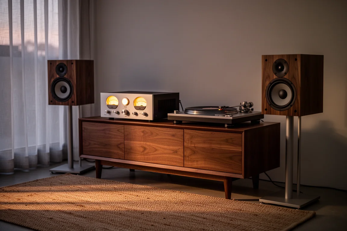 Sala de escucha con iluminación cálida, amplificador de estilo retro, tocadiscos y altavoces con chapa de madera