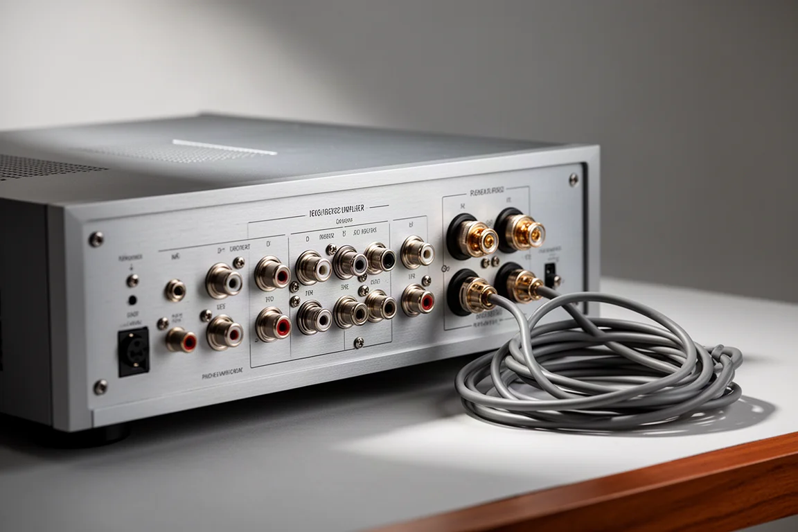 Panel trasero de un amplificador de metal cepillado con conectores y terminales de altavoz