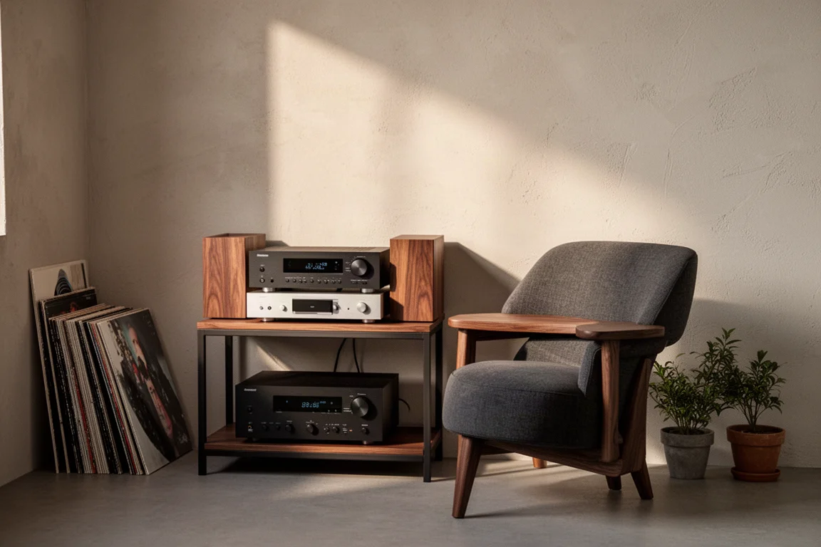 Rincón de escucha con sillón, componentes de hi-fi apilados y discos de vinilo apoyados