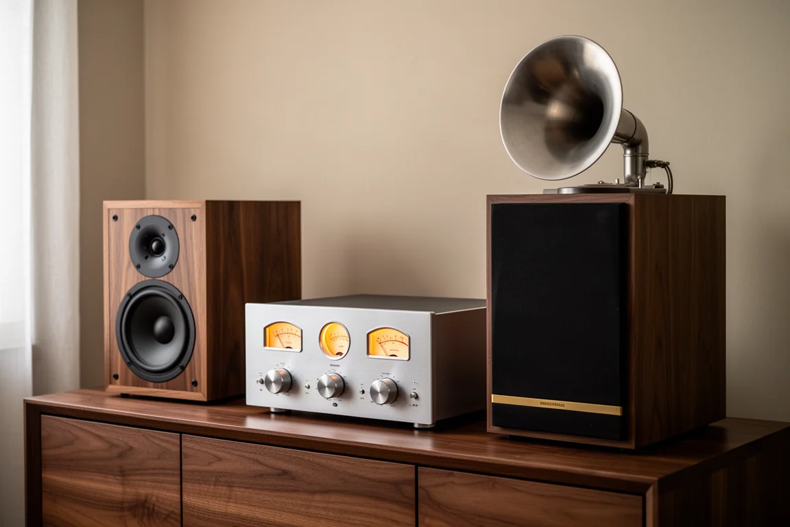 Vintage-inspired hi-fi speaker and amplifier components arranged on a walnut sideboard