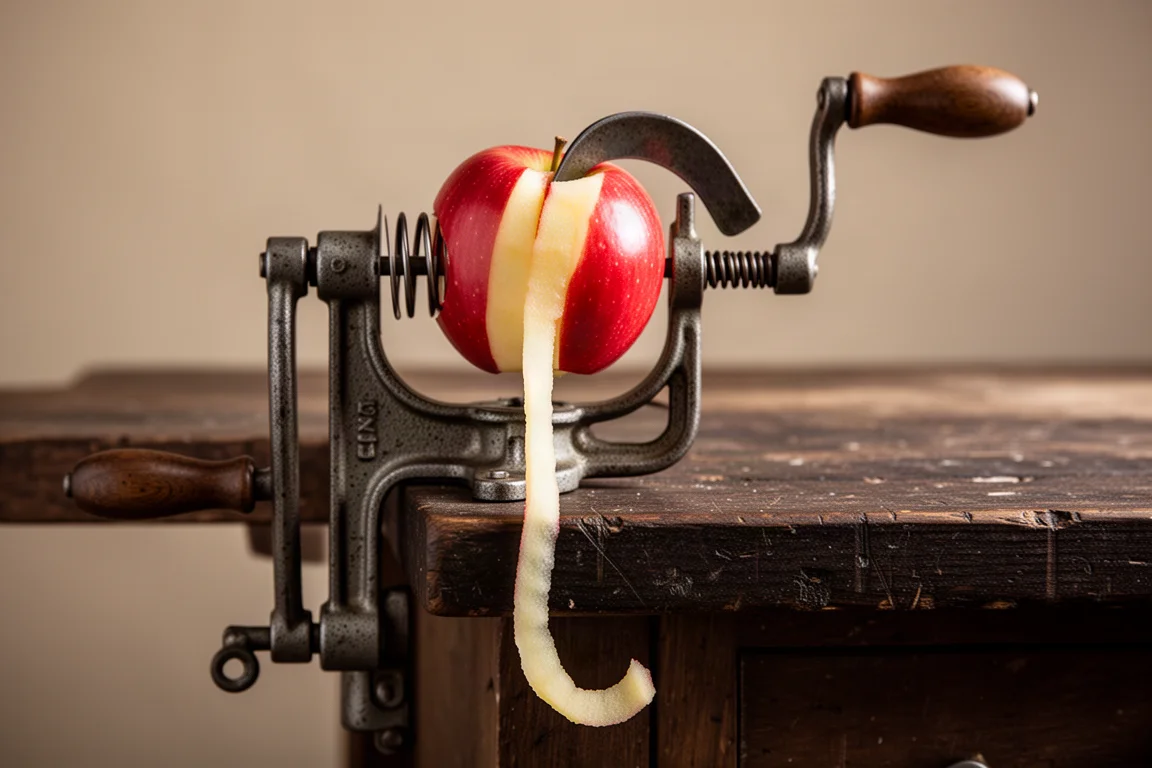 Pelador de manzanas de manivela de hierro fundido sujeto al borde de una mesa de madera, pelando una manzana