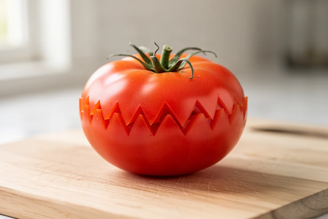 Tomate cortado con borde dentado en zigzag sobre una tabla de cortar de cocina
