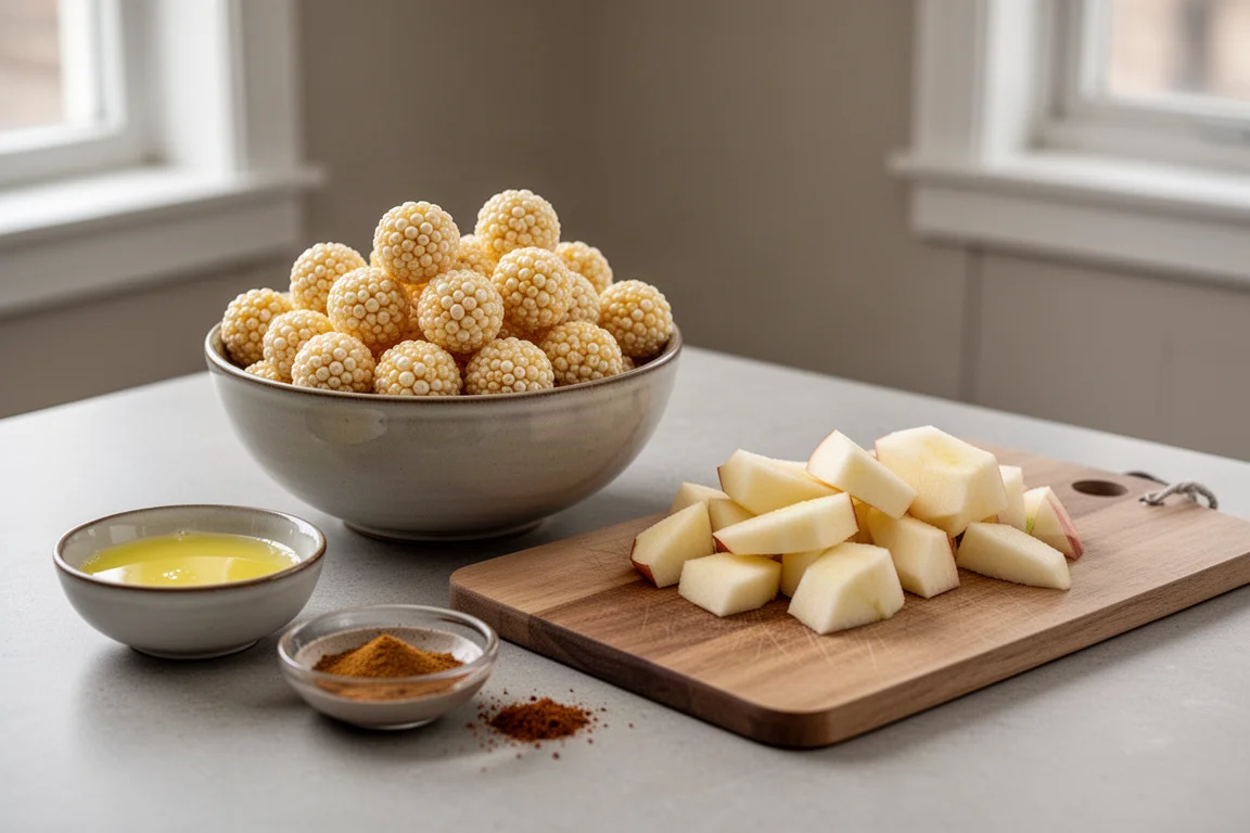 Rodajas de manzana recién peladas junto a un cuenco de palomitas de maíz redondas infladas sobre una encimera de cocina