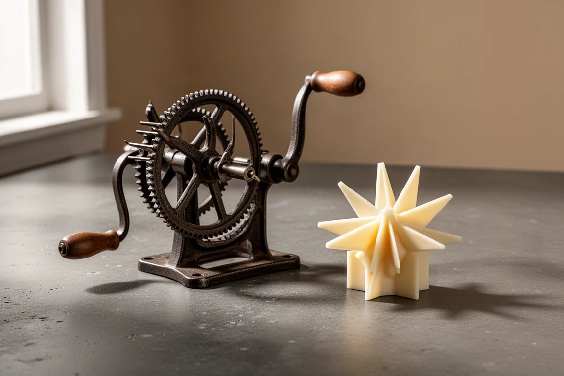 Cast iron apple peeler and plastic star-shaped garnish cutter on a concrete surface
