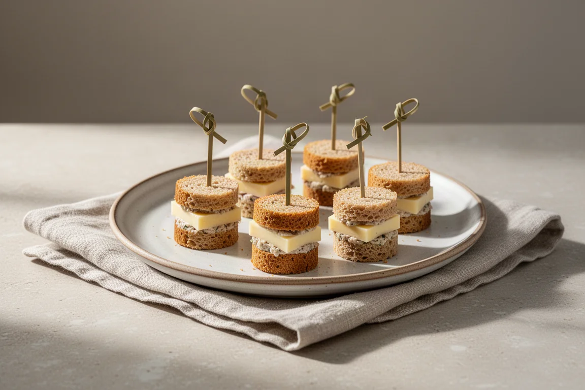 Una pila de pequeños canapés en capas sobre un plato listos para servir
