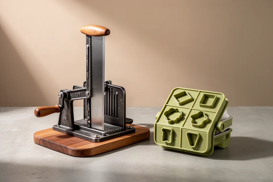 Vintage bread slicer and canape maker arranged on a concrete surface