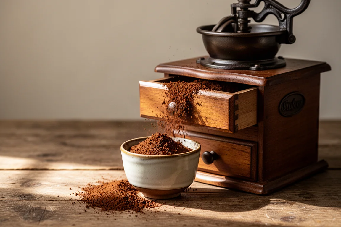 Frisch gemahlener Kaffee rieselt aus einer antiken Mühle in eine Keramiktasse